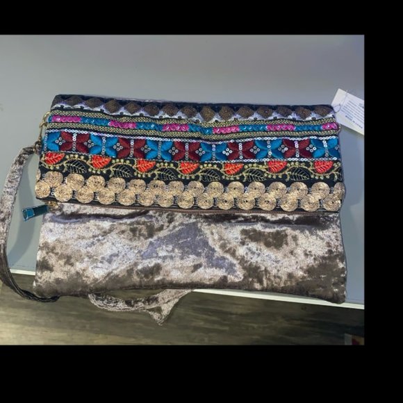 Elegant fashion purse, grayish purple velvet with colorful embroidered designs - Picture 4 of 8